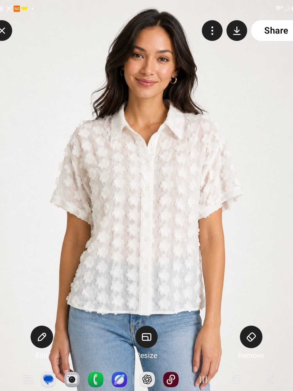 Chico's White Short-Sleeve Button-Front Floral Appliqué Shirt